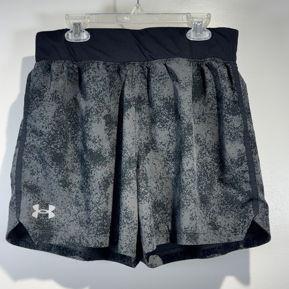 Under Armour SpeedPocket Running Shorts Gray Black Camo Splatter 5in Womens M